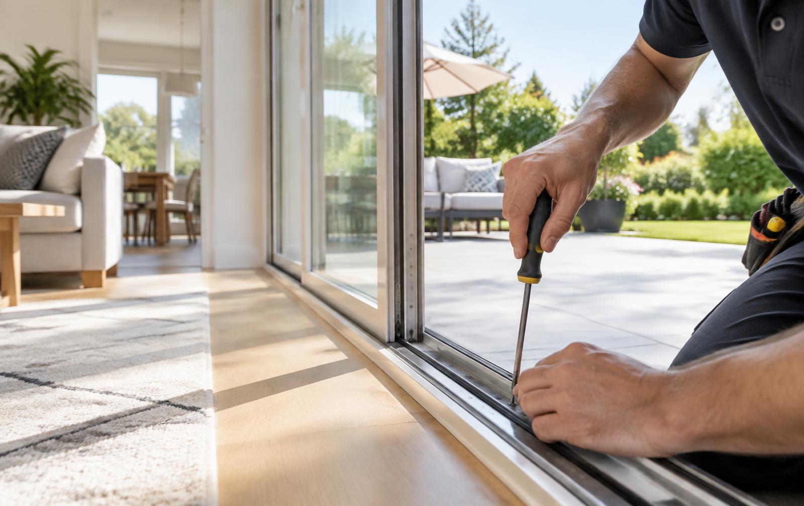 Technician adjusting the bottom track of a sliding glass patio door