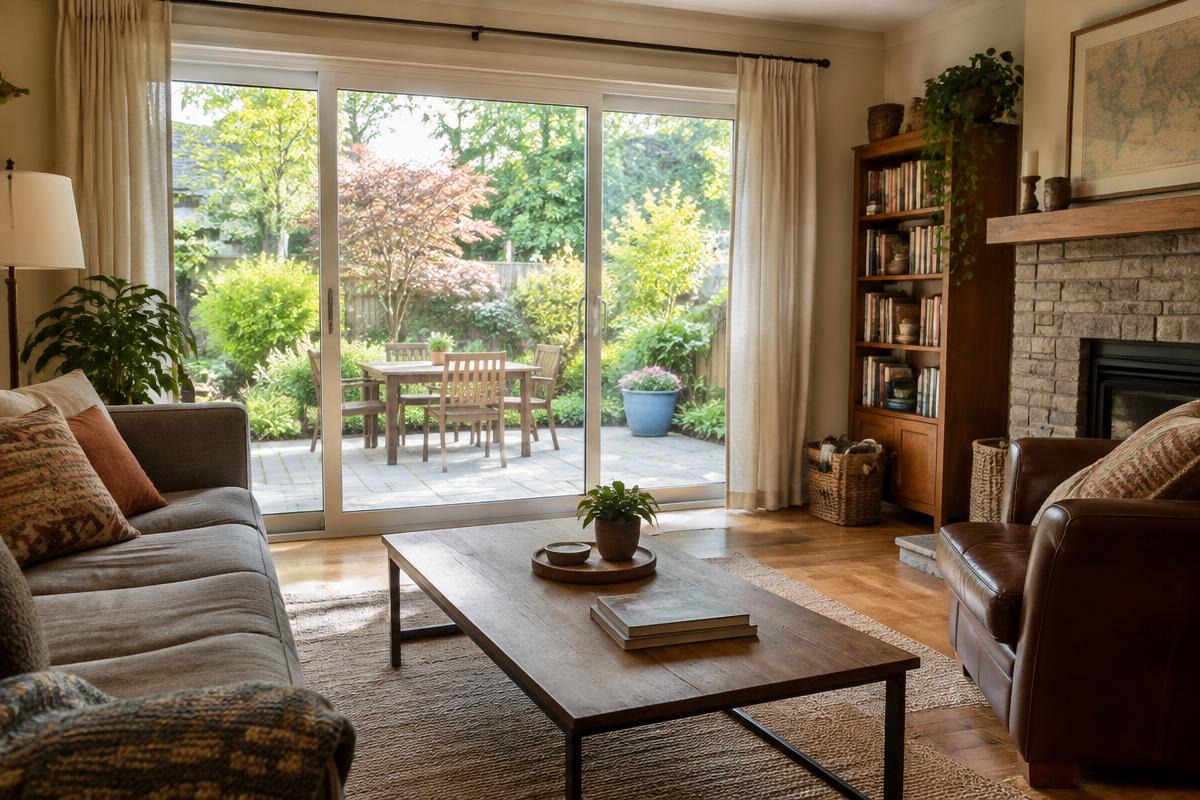 Living room with a residential sliding glass door opening onto a garden patio