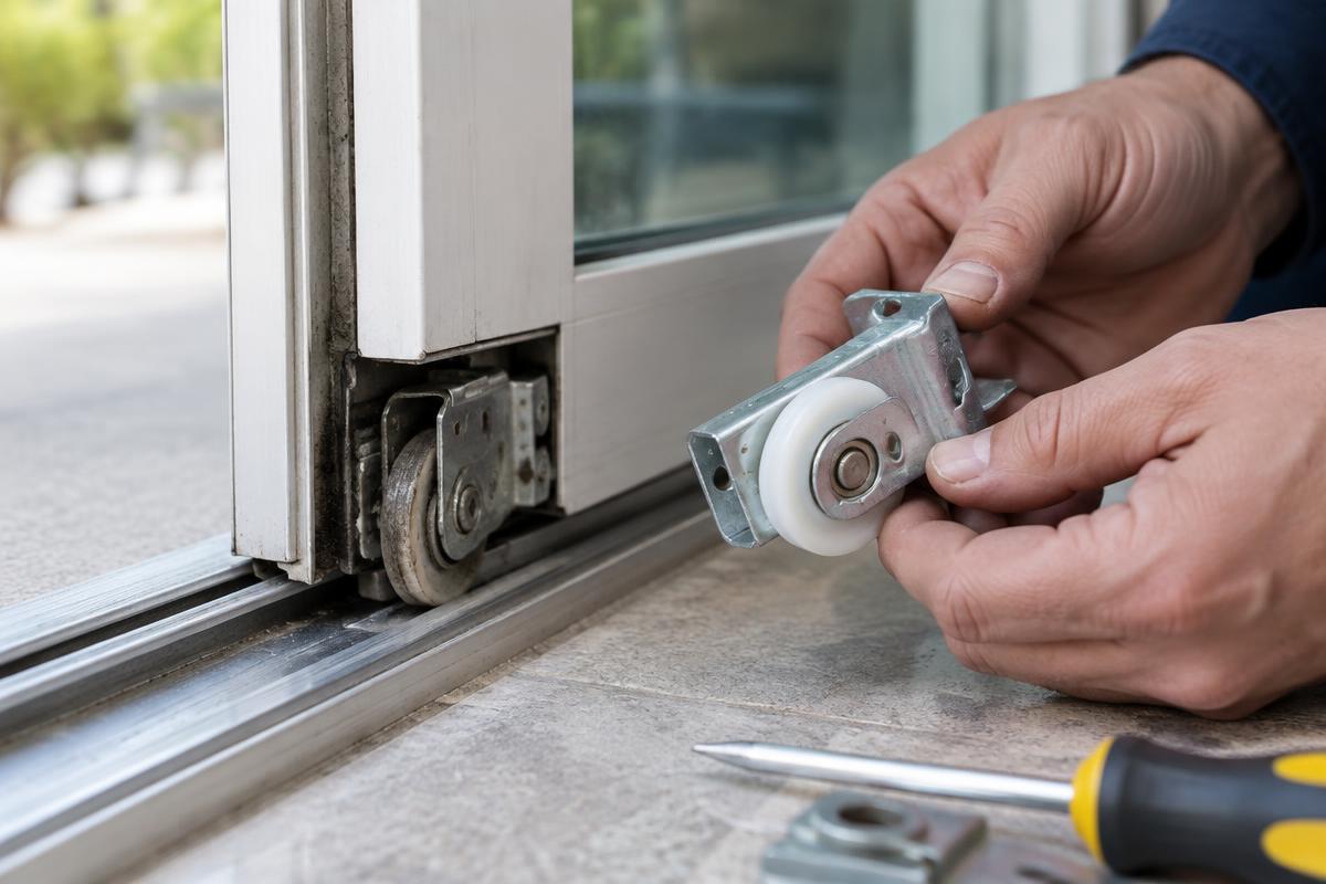 New sliding door roller assembly held next to a worn roller in the door frame