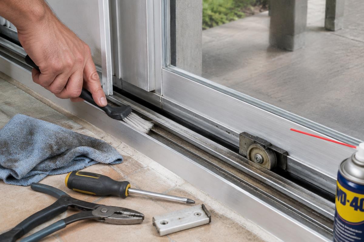 Aluminum sliding door track being cleaned with a brush before repair